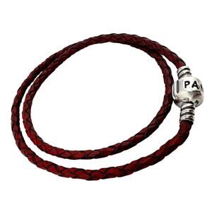Pandora 925 Authentic Sterling Silver Red Braided Leather Wrap Charm Bracelet